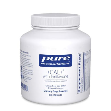 White Bottle Reads Pure Encapsulations +CAL+ with Ipriflavone Hypoallergenic dietary supplement 210 capsules