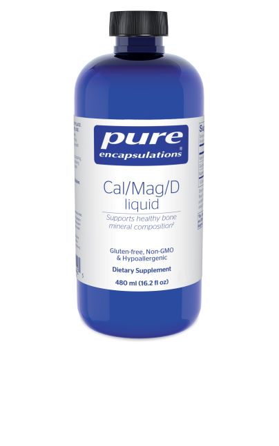 Blue bottle black cap reads Pure Encapsulations Cal/Mag/D liquid supports healthy bone mineral composition Guten Free Non GMO Hypoallergenic 480 ml 16.2 fl oz