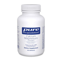 Load image into Gallery viewer, White bottle reads Pure Encapsulations Calcium Magnesium (Citrate) Mineral chelates for health bones Gluten Free Non Gmo Hypoallergenic 90 capsules
