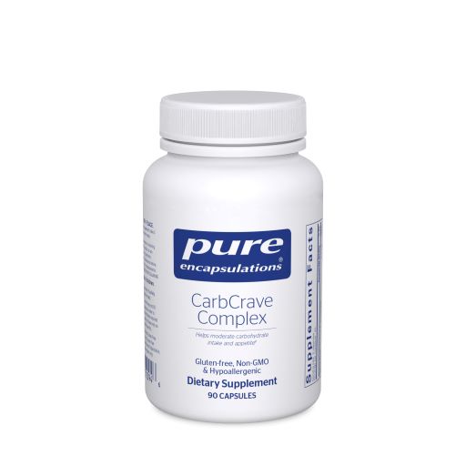 White bottle reads Pure Encapsulations CarbCrave Complex Helps moderate carbohydrate intake and appetite Gluten Free, Non GMO hypoallergenic 90 capsules