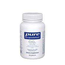 Load image into Gallery viewer, White bottle reads Pure Encapsulations CoQ10 120mg  Supports cellular energy cardiovascular and neurological Health Gluten Free Non GMO Hypoallergenic 120 capsules
