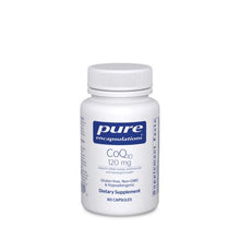 Load image into Gallery viewer, White bottle reads Pure Encapsulations CoQ10 120mg  Supports cellular energy cardiovascular and neurological Health Gluten Free Non GMO Hypoallergenic 60 capsules
