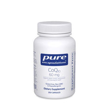 Load image into Gallery viewer, White bottle reads Pure Encapsulations CoQ10 60mg  Supports cellular energy cardiovascular and neurological Health Gluten Free Non GMO Hypoallergenic 250 capsules
