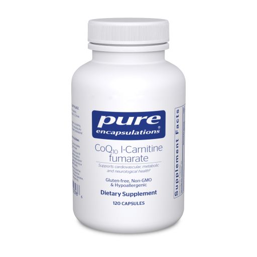 White bottle reads Pure Encapsulation CoQ10 l-carnitine fumarate Supports cardiovascular, metabolic and neurological Health Gluten Free Non GMO Hypoallergenic 120 capsules