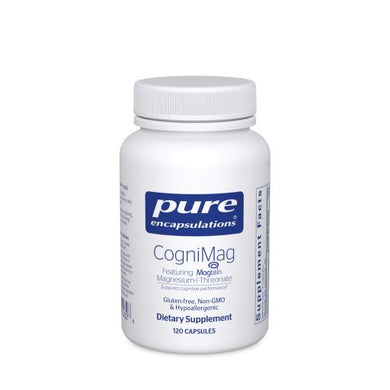 White Bottle Reads Pure Encapsulations CogniMag Featuring Magtein Magnesium I Threonate Supports cognitive Performance Glute Free Non GMO Hypoallergenic 120 capsules