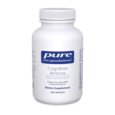White bottle reads Pure Encapsulations Cognitive Aminos  Support for cognitive function and healthy neurotransmitter activity Gluten Free Non GMO Hypoallergenic 120 capsules