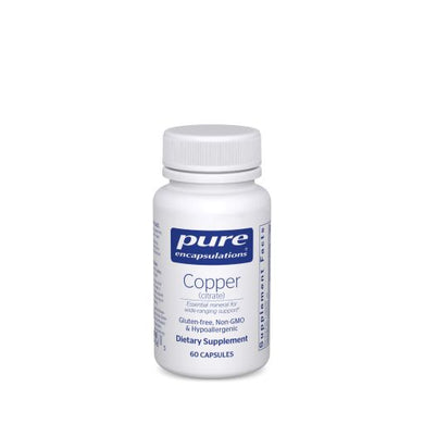 White bottle reads Pure Encapsulations Copper (Citrate) Essential mineral for Wide range support Gluten Free Non GMO hypoallergenic 60 capsules