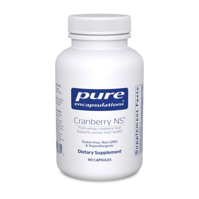 White bottle Pure Encapsulations Cranberry NS From whole cranberry fruit; Supports urinary tract health Gluten Free Non GMO  Hypoallergenic 90 capsules