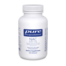 Load image into Gallery viewer, White Bottle reads Pure Encapsulations NAC 600 mg Supports respiratory function, glutathione production and detoxification Glute free, non GMO and Hypoallergenic 180 capsules

