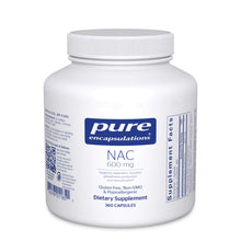 Load image into Gallery viewer, White Bottle reads Pure Encapsulations NAC 600 mg Supports respiratory function, glutathione production and detoxification Glute free, non GMO and Hypoallergenic 360 capsules
