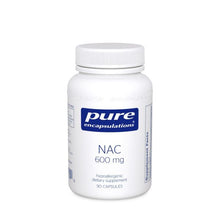 Load image into Gallery viewer, White Bottle reads Pure Encapsulations NAC 600 mg Supports respiratory function, glutathione production and detoxification Glute free, non GMO and Hypoallergenic 90 capsules
