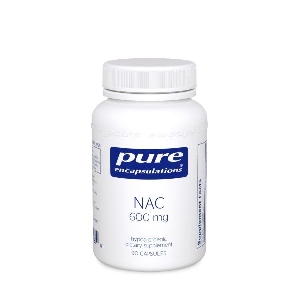 White Bottle reads Pure Encapsulations NAC 600 mg Supports respiratory function, glutathione production and detoxification Glute free, non GMO and Hypoallergenic 90 capsules