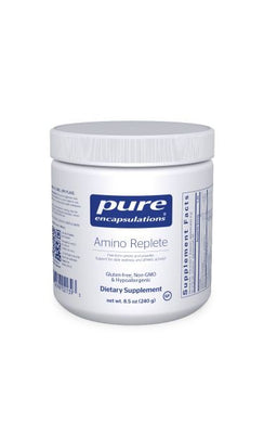Large white bottle read Pure Encapsulations Amino Replete Free-form amino acid powder; support for daily wellness and athletic activity 240g