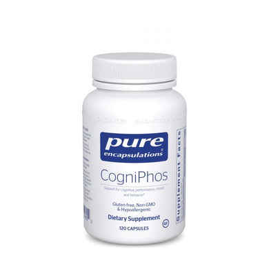White Bottle reads Pure Encapsulations CogniPhos Support for cognitive performance. mood and behavior Gluten Free Non GMO Hypoallergenic 120 capsules