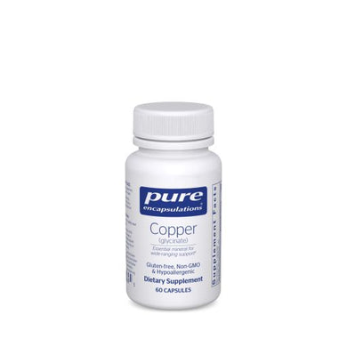 White bottle reads Pure Encapsulations Copper Glycinate Essential mineral for wide rage support Gluten Free Non GMO Hypoallergenic 60 capsules