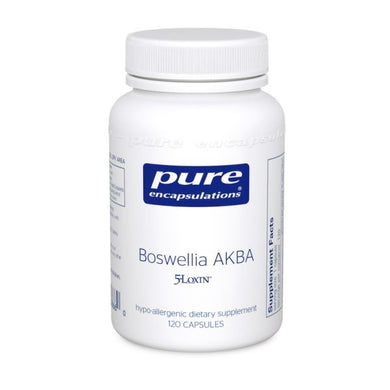 White bottle reads Pure Encapsulations Boswellia AKBA With 5-LOXIN® ; support for musculoskeletal, gastrointestinal and immune health Gluten Free Non GMO Hypoallergenic 120 capsules