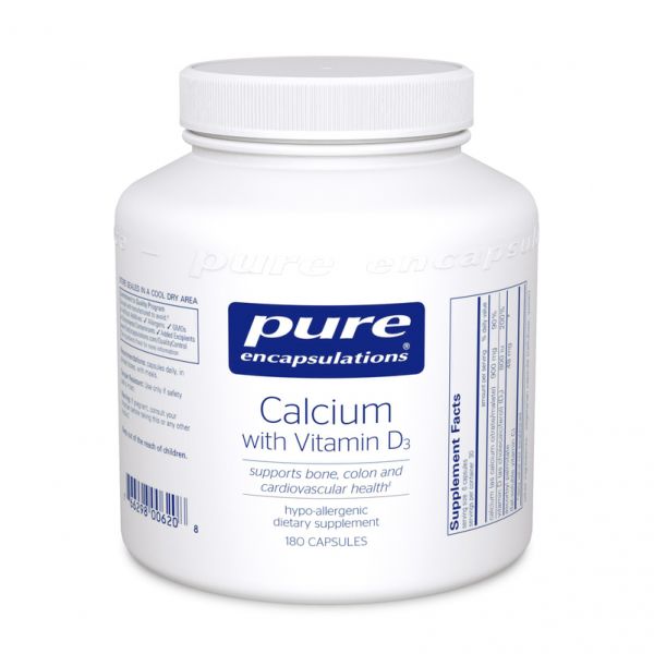 White bottle reads Pure Encapsulations Calcium with Vitamin D supports bone, colon, and cardiovascular health  hypoallergenic 180 capules