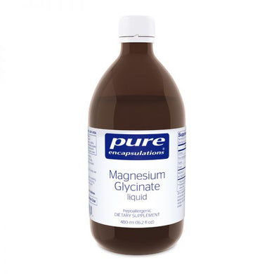 Large amber glass bottle reads Pure Encapsulations Magnesiums Glycinate Liquid for sensitive individuals; Supports cardiometabolic neurocognitive and musculoskeletal health 480ml (16.2 fl oz)