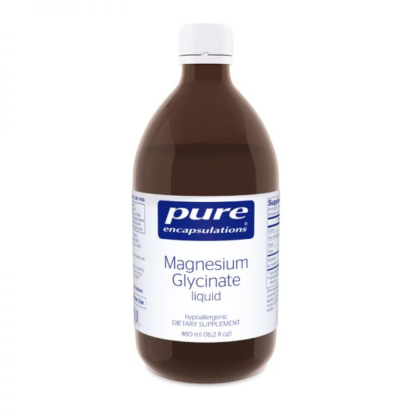 Large amber glass bottle reads Pure Encapsulations Magnesiums Glycinate Liquid for sensitive individuals; Supports cardiometabolic neurocognitive and musculoskeletal health 480ml (16.2 fl oz)