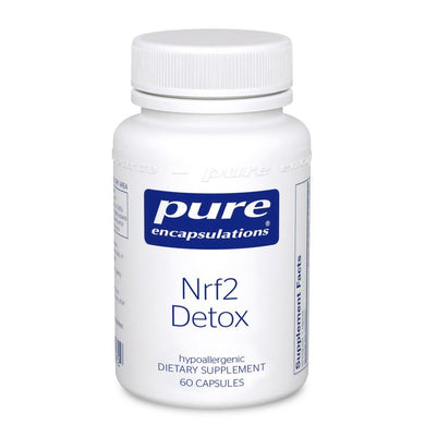 White Bottle reads Pure Encapsulations Nrf2 Detox  Supports detoxification and antioxidant defenses. Gluten Free, Non-GMO and Hypoallergenic 60 capsules